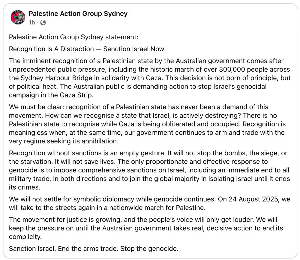 A screenshot of a post on Facebook by Palestine Action Group Sydney.