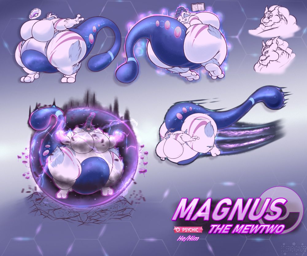 Idea sheet for Magnus the Mewtwo (He/Him). He has large hips, large breasts and a big fat tail