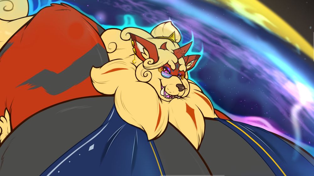 A close-up of Rhea's face and her fancy glasses