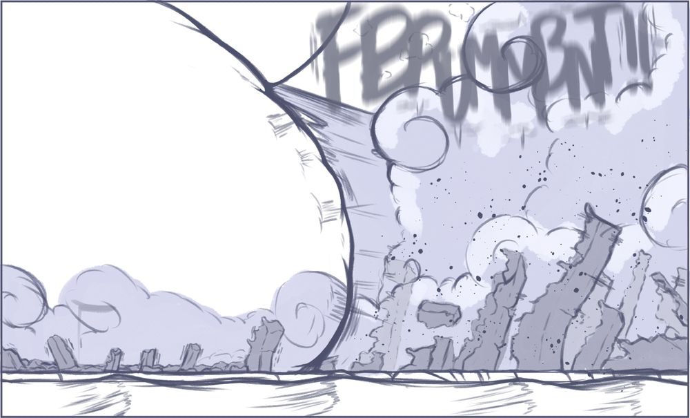 A monochrome doodle of what is ostensibly Djermy's butt blasting a city to smithereens