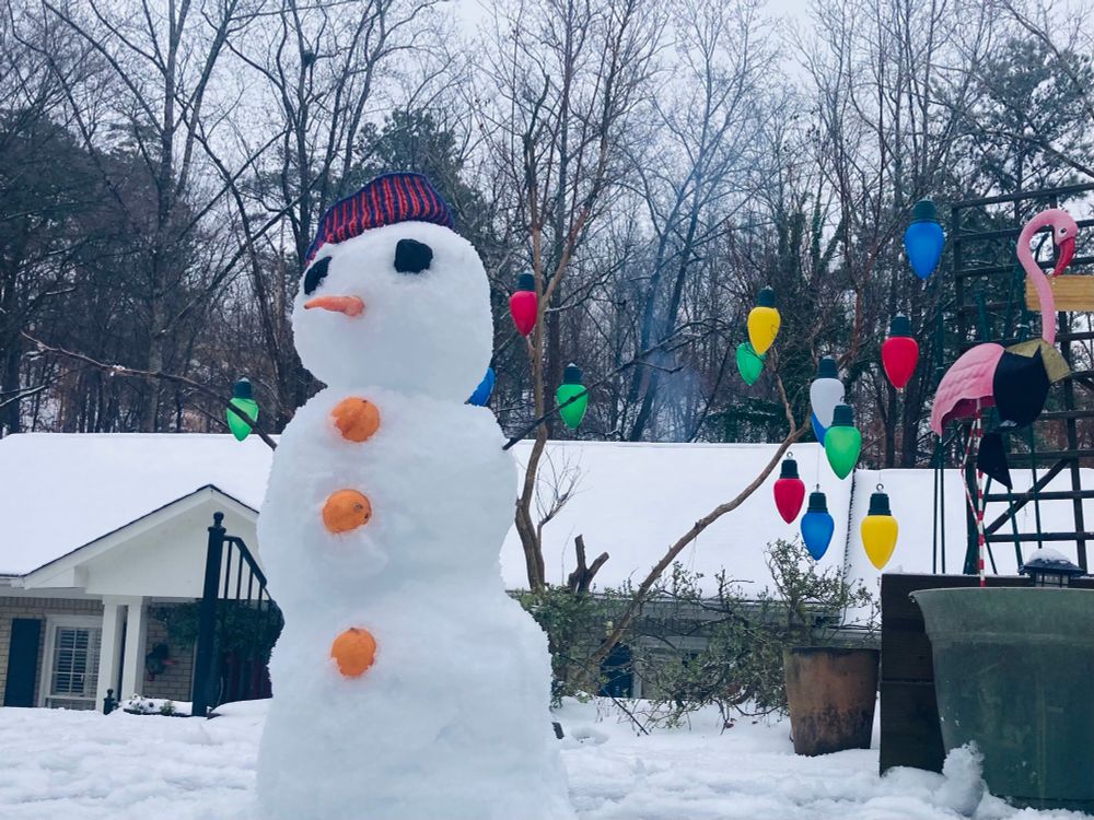 A snowlady stands center left, three tangeringn buttons, two stick arms, a carrot nose, two coal eyes, and an orange and blue beanie. Behind her is a tree adorned with large decorative lights