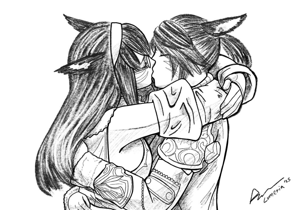 A black and white pencil sketch of two miqo'te women embracing and kissing passionately