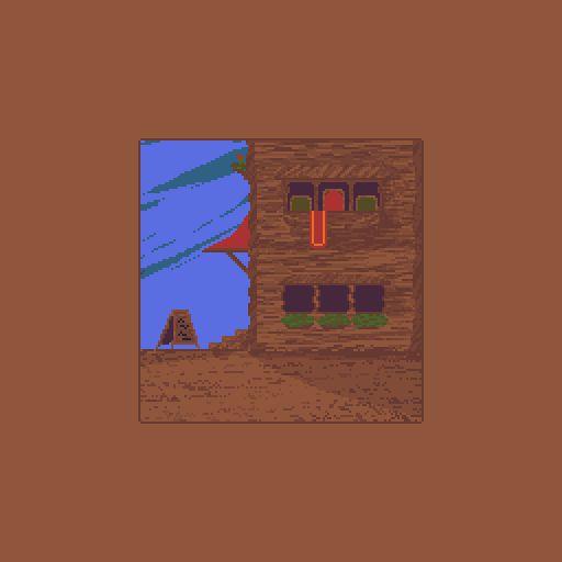 a lonely shop (pub?) in the middle of an arid landscape, towards a blue sky, some planters are visible in the windows, as well as an awning with a red roof