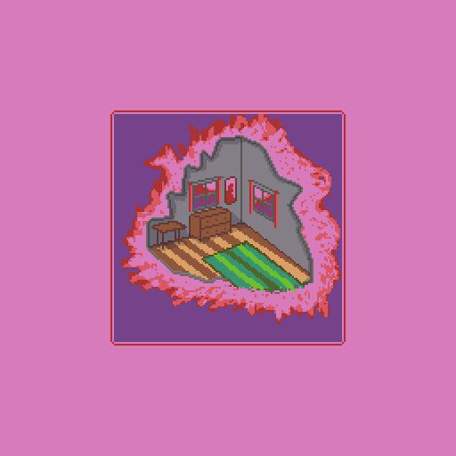 a corner of a room floating in space, with a dresser a table, two windows and a torn up carpet that straddles the edge into the purple-ish void that surrounds the room