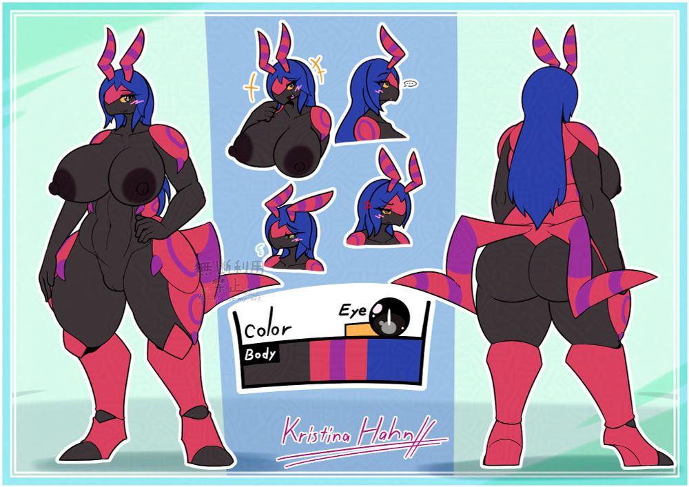 Kristina is a Scolipede gym teacher with a no-nonsense attitude toward any of her unfortunate students. Her hardline stance and attitude have proven effective and making her students become bigger and badder, just like her.

Age: 35
Star sign: Aries
Height: 2.00m (6'7")
Weight: 90.5kg (200lbs)
Blood type: O+
Place of birth: Leutkirch im Allgäu, Baden-Württemberg, Germany
Languages spoken: German
Breast cup size: E
Sexuality: Pansexual