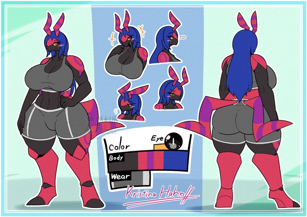 Kristina is a Scolipede gym teacher with a no-nonsense attitude toward any of her unfortunate students. Her hardline stance and attitude have proven effective and making her students become bigger and badder, just like her.

Age: 35
Star sign: Aries
Height: 2.00m (6'7")
Weight: 90.5kg (200lbs)
Blood type: O+
Place of birth: Leutkirch im Allgäu, Baden-Württemberg, Germany
Languages spoken: German
Breast cup size: E
Sexuality: Pansexual