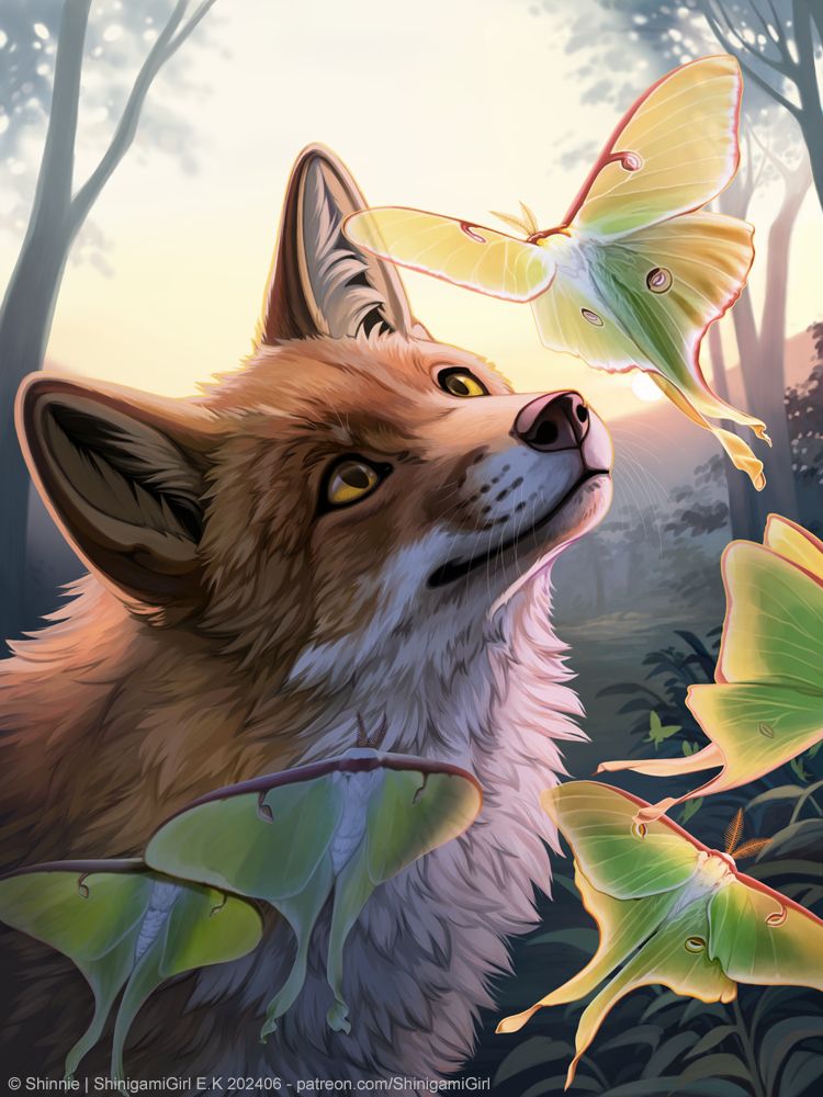 A digital painting of a non anthro fox at dawn surrounded by luna moths.