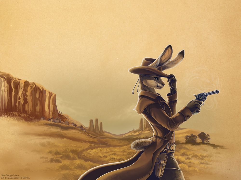 Six from "Sixes wild: manifest destiny", holding a pistol and cocking her hat