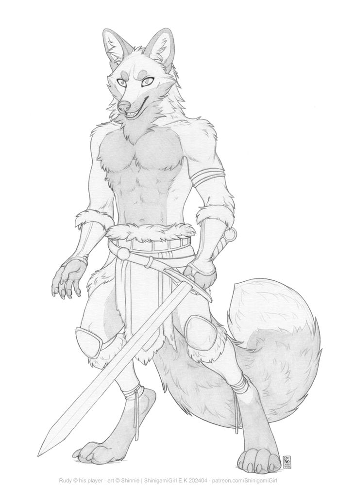 Pencil lineart of Rudy the anthro male fox dressed as a barbarian fantasy class/archetype