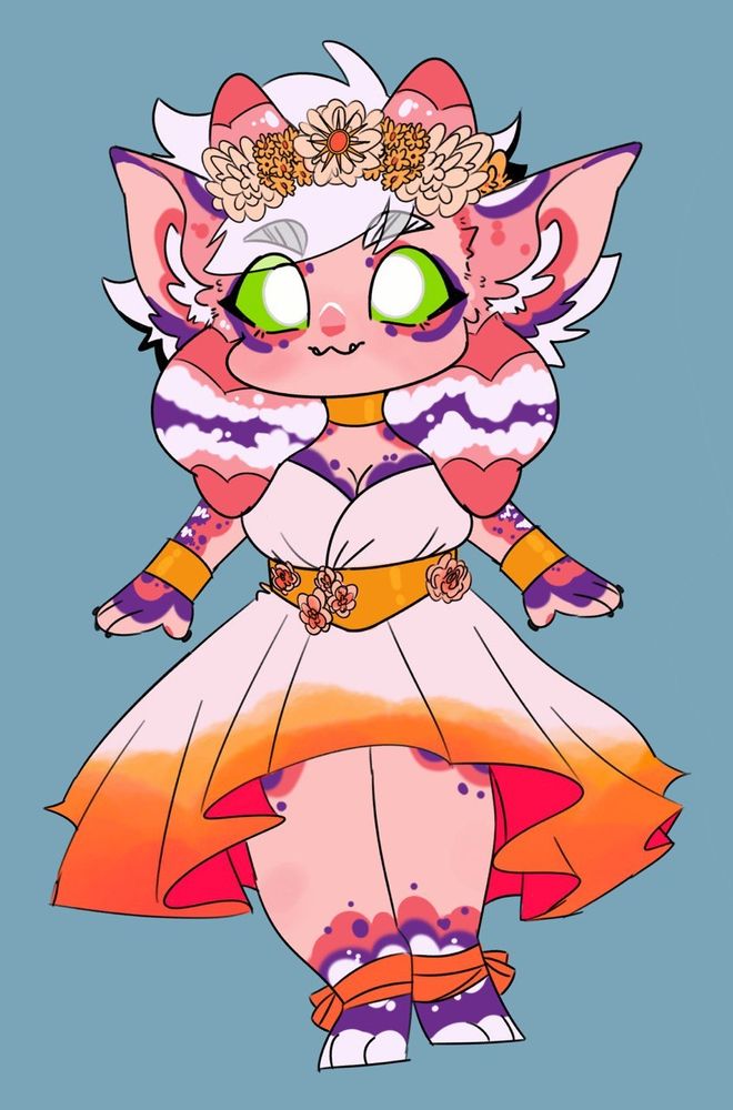 Chibi digital art of a pink alien in a dress and flowers. Original character.