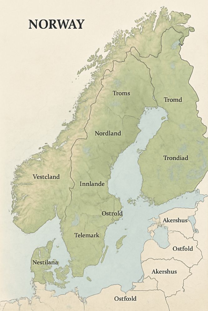 Et kart over Skandinavia med veldig feil fylkesplassering