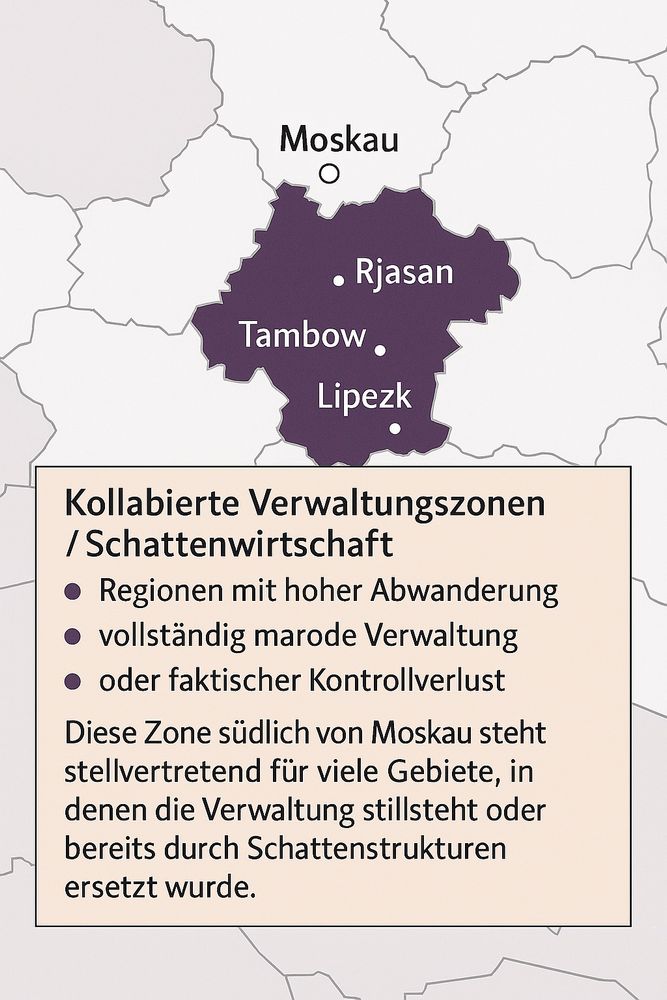 Exemplarische Zone des Verwaltungskollapses im zentralrussischen Raum, hervorgehoben durch die Regionen Rjasan, Tambow und Lipezk. Diese Darstellung steht stellvertretend für viele weitere Gebiete mit ähnlichem Funktionsverlust.