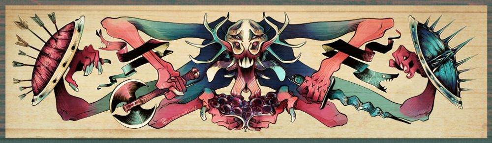 A creature with 6 arms and 6 eyes, 3 tongues and antler tusks branching from its mouth. The outermost arms brace with a pair of shields, the middlemost hold an axe and a dagger, and the center pair cup a handful of eggs close to its head