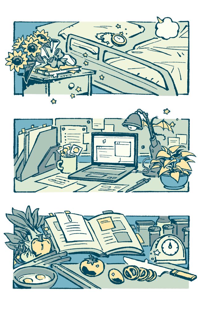Digital fanart done in blue, green, and yellow tones of three rectangles. From top to bottom, each rectangle shows a scene corresponding to Kim Dokja, Han Sooyoung, and Yoo Joonghyuk, respectively. The top rectangle shows an empty hospital bed with a pocket watch and a bouquet of sunflowers on the nightstand. The center one shows a cluttered desk with an open laptop. The bottom one shows an open recipe book and freshly chopped tomatoes on a cutting board.