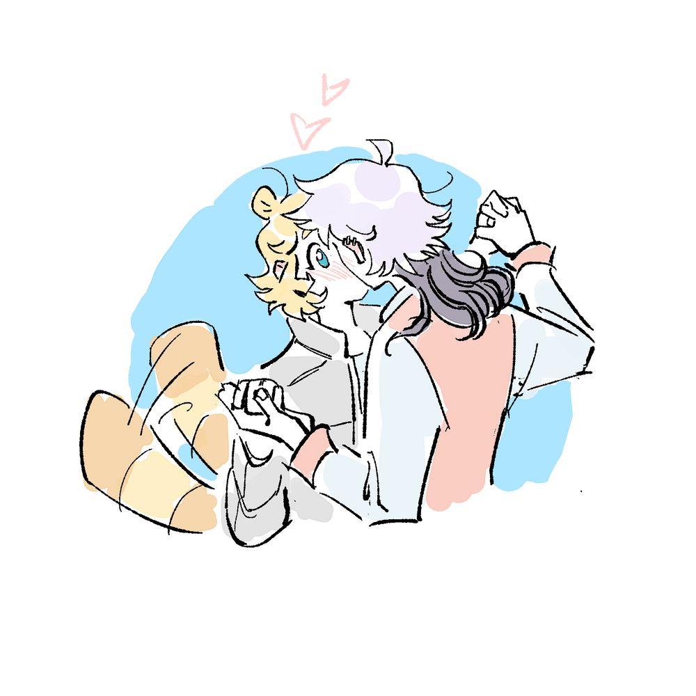Digital art of Spark and Kwibs. They are making out with their hands clasped together. Kwib's tail is wagging with happiness.