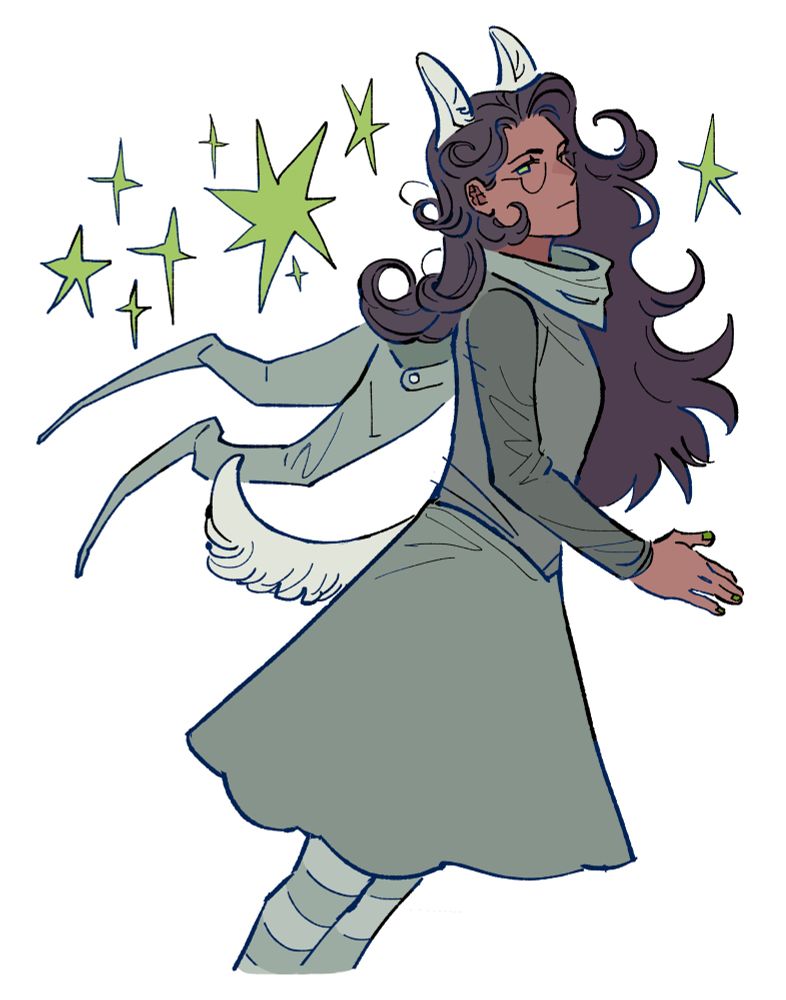 A digital drawing of Jade Harley in her godtier outfit. Green stars are drawn around her.