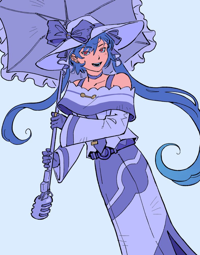 A digital drawing of Dark-type Pokemon trainer Hatsune Miku holding an open parasol over her shoulder and smiling. Her design is from Project Voltage. She wears an elegant dress with a wide brimmed hat.