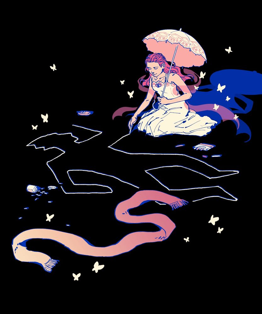 Digital fanart of Dahlia Hawthorne from Ace Attorney. She's holding her umbrella and is wearing her heart necklace. She's using white chalk to draw a crime scene chalk outline of Phoenix Wright on the ground. There's an unraveled scarf, a spilled cold medicine bottle, a flip phone, and a box of chalk on the ground surrounding the outline. Butterflies are gathered around the scene.