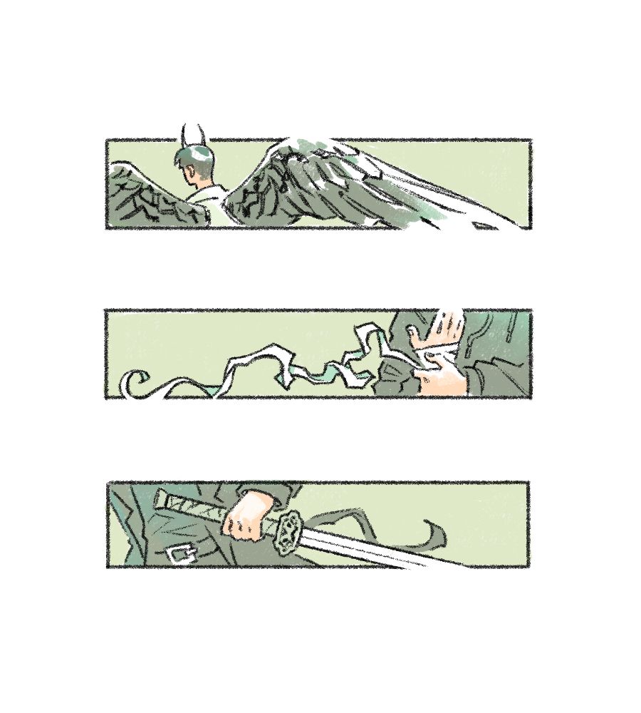A digital illustration composed of three horizontal strips arranged on top of each other. The top one shows Kim Dokja's upper body from the back, with his wings spread open. The middle strip shows Han Sooyoung's hands, positioned over her chest. The bandage around one of her hands is partially unwrapped and trails to the side. The bottom rectangle frames Yoo Joonghyuk's hand gripping a sword by his waist.