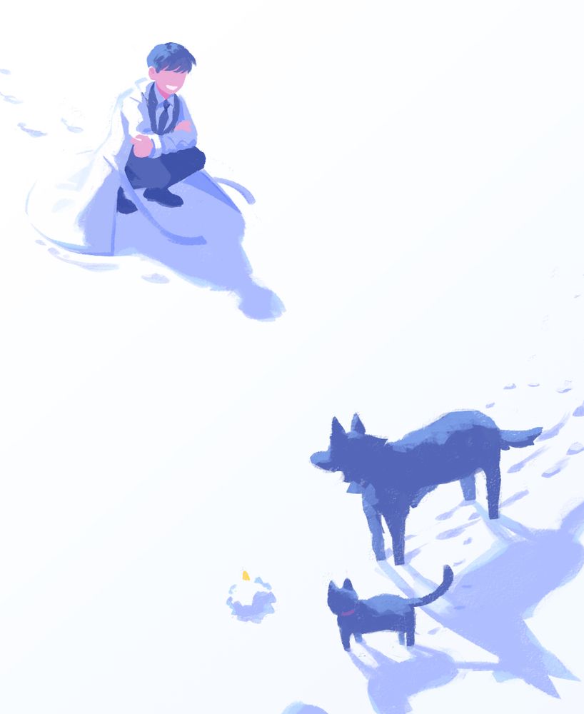A digital painting of Kim Dokja squatting in the snow while smiling at Biyoo, a wolf, and a cat. The wolf is assumed to be Yoo Joonghyuk, and the cat is Han Sooyoung. Their tracks lay behind them as their shadows stretch over the snow.
