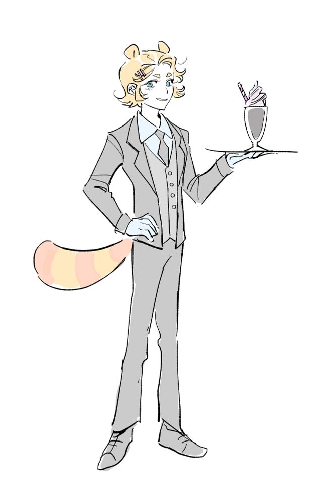 A digital drawing of Kwibs in a butler suit carrying a Spark-themed chocolate milkshake.