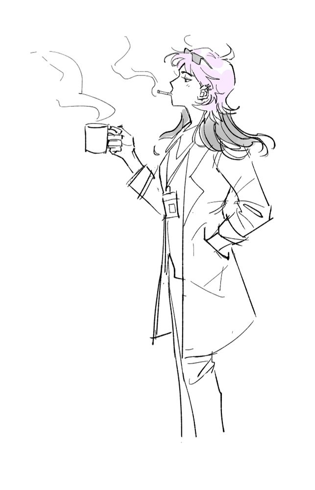 A digital drawing of Spark dressed jn a lab coat wearing an ID attached to a lanyard. She's smoking a cigarette while holding a steaming cup of coffee.