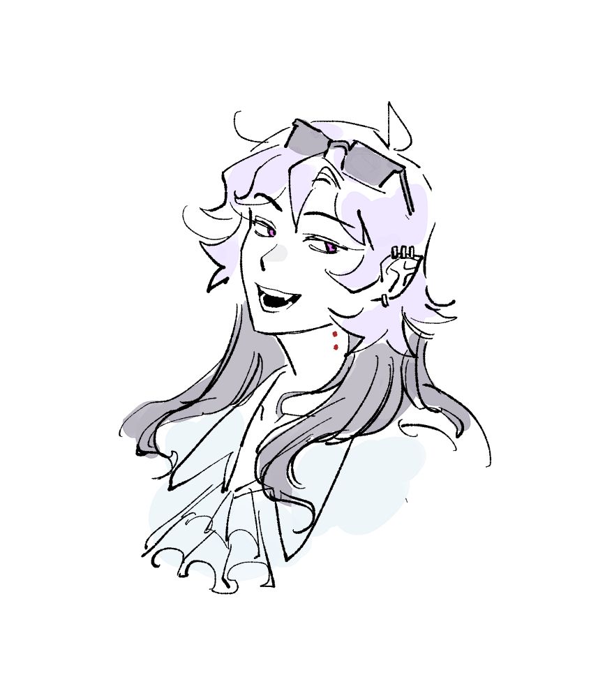A digital drawing of Spark as a vampire with long dark hair that is partially dyed lavender. She is smiling with fangs and is wearing sunglasses on top of her head with a white blouse.