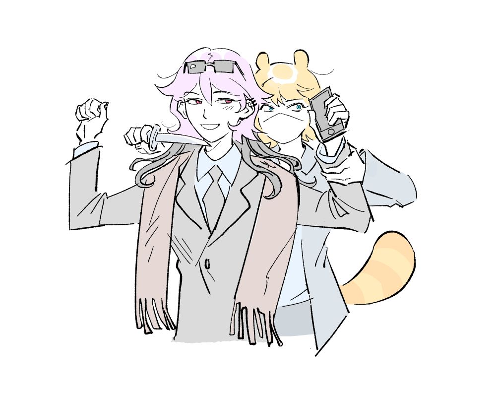 A digital drawing of Spark as a mafia boss holding her hands up in surrender. Kwibs is an assassin wearing a face mask and holding a knife to Spark's throat.