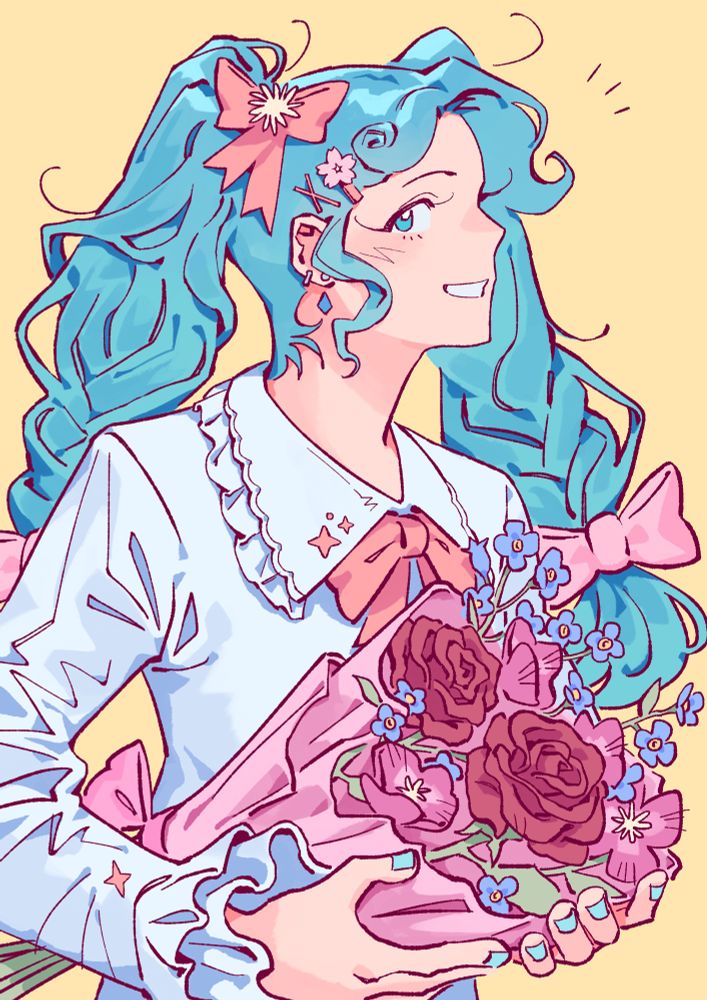 A digital illustration of Hatsune Miku holding a bouquet of roses and forget me nots. Her twin pigtails are braided with two bows on the ends.