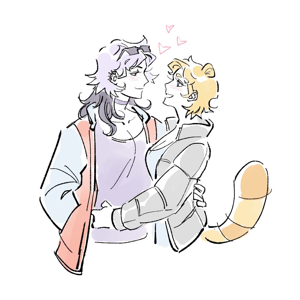 Digital art done of two characters Spark and Kwibs as human girlfriends. Spark's hair is half-dyed light purple with black hair underneath, and she is wearing sunglasses on top of her head. She has a sports jacket on. Kwibs has golden hair and a raccoon tail and ears. She is wearing a puffy grey jacket. They are embracing each other and looking into each other's eyes lovey dovey.