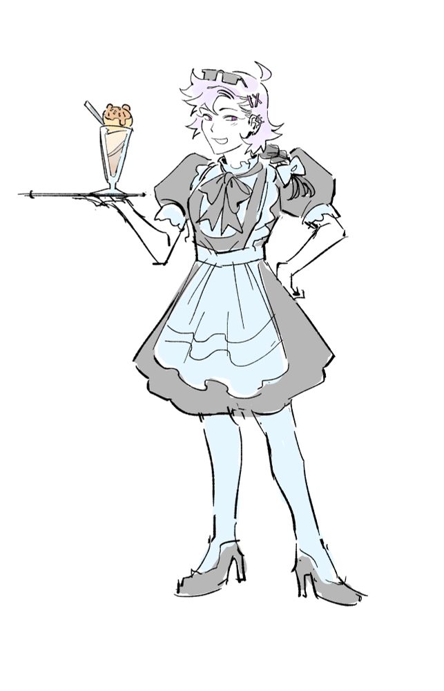 A digital drawing of Spark in a maid dress carrying a Kwibs-themed sundae on a platter.