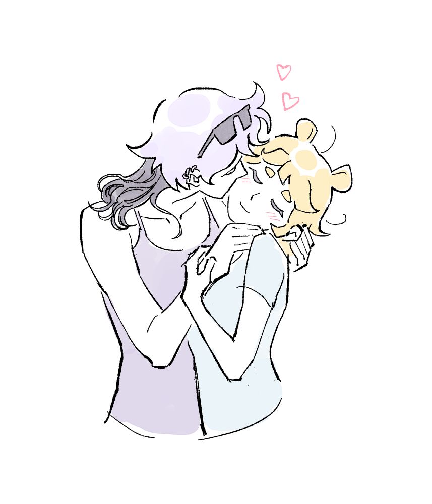 Digital art of Spark and Kwibs referencing The Kiss by Gustav Klimt. Spark is cradling Kwibs' face and kissing her on the cheek.