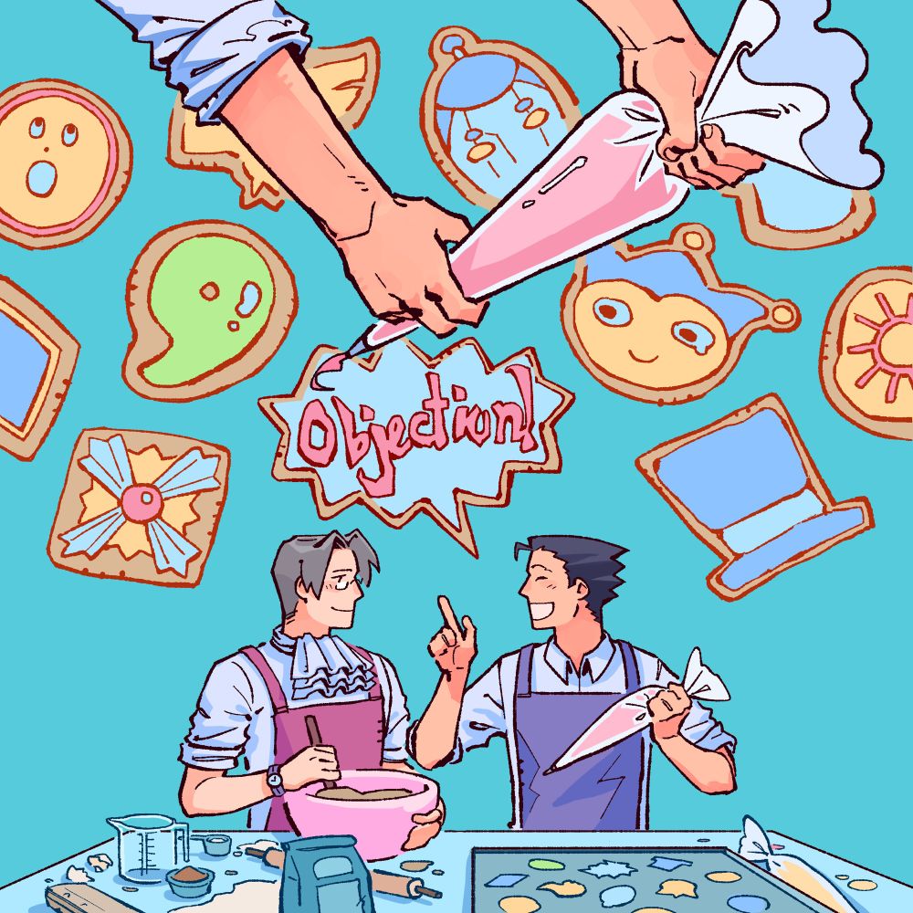 Digital fanart of Phoenix Wright and Miles Edgeworth decorating cookies. Most of the piece is taken up by different cookie designs in the background. Some designs include Trucy's hat, a defence attorney's badge, the Blue Badger, the Steel Samurai, and Phoenix's magatama. Phoenix is decorating a cookie that says "Objection!" with a piping bag of pink icing. He smiles and points upward with one hand as if he is shouting "Objection!" Edgeworth smiles at him while stirring a bowl of cookie dough. The table below them is cluttered with baking supplies.
