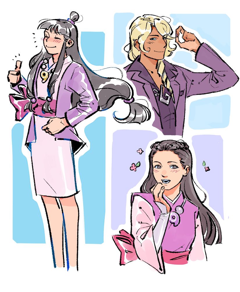 Digital fanart of Maya Fey, Klavier Gavin, and Iris from Ace Attorney. On the left is a drawing of Maya Fey standing with one hand near her hip and the other hand doing a thumbs up. On the top right, Klavier Gavin is fiddling with his hair with one hand. On the bottom right, Iris is blushing with one hand held near her mouth.