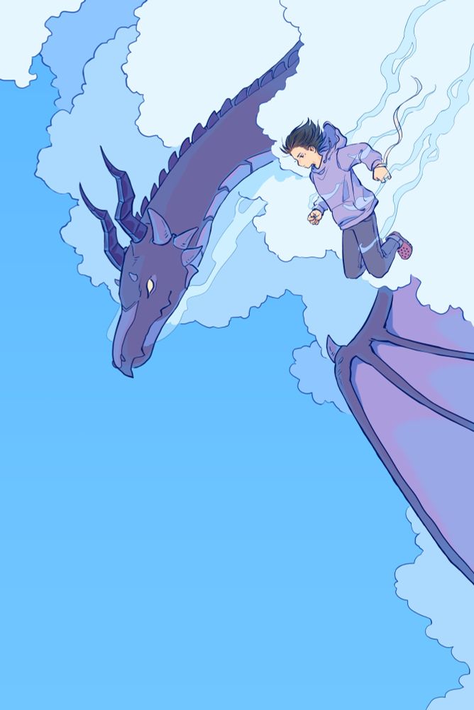 Digital fanart of Han Sooyoung from Omniscient Reader's Viewpoint free falling through the sky out of the clouds. She's wearing crocs and a purple jacket, as well as a bandage around her arm that is unraveled and streams behind her. She's falling alongside the Abyssal Black Flame Dragon. The composition is split in half diagonally. The upper half is taken up by the characters surrounded by layers of clouds while the lower half is clear blue sky.
