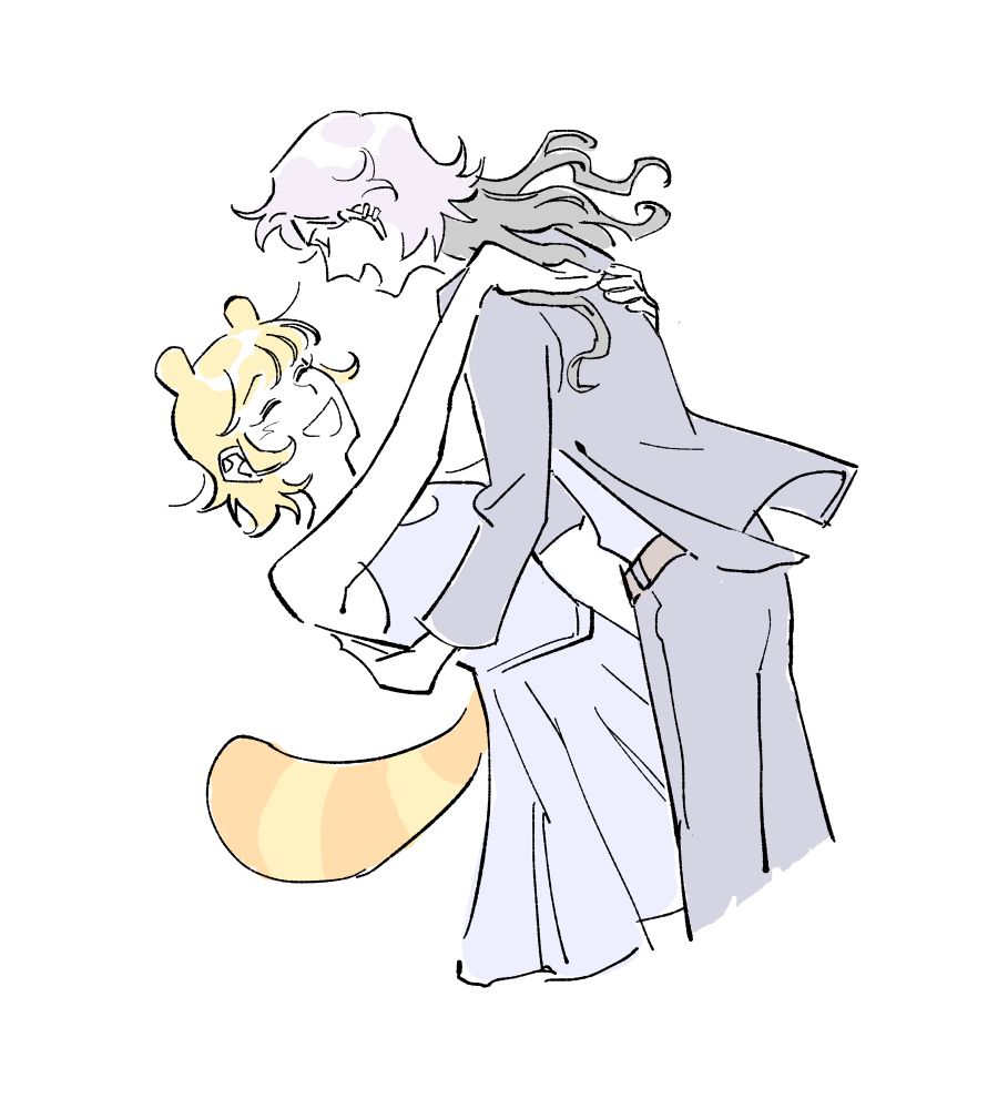 Digital drawing of Spark and Kwibs dancing together with their arms around each other. Spark is wearing a suit while Kwibs is wearing a dress.