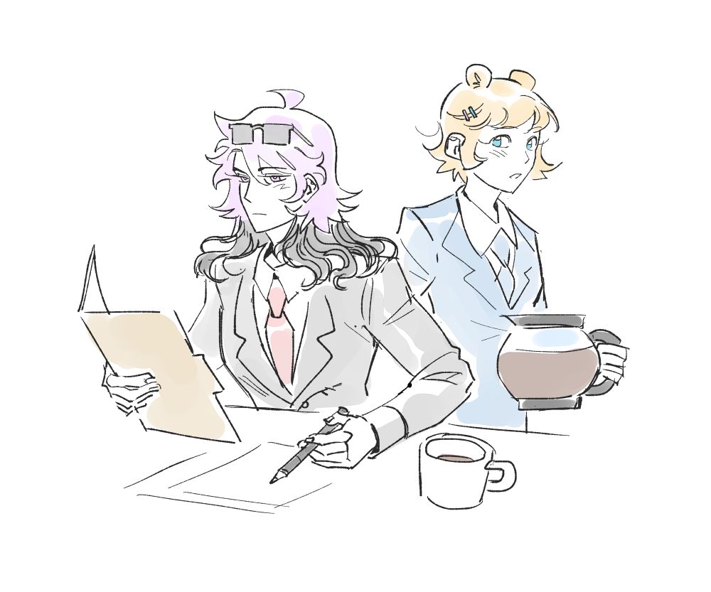 A digital drawing of Spark and Kwibs as coworkers in a corporate office setting. Spark is examining a file while Kwibs is holding a jug of coffee.
