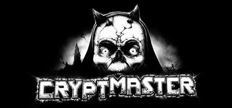A logo image for cryptmaster. The entire picture is in monochrome. There's a skull with eyeballs and horns. The skull is also cracked. Along the bottom of the picture is the text "CRYPTMASTER"