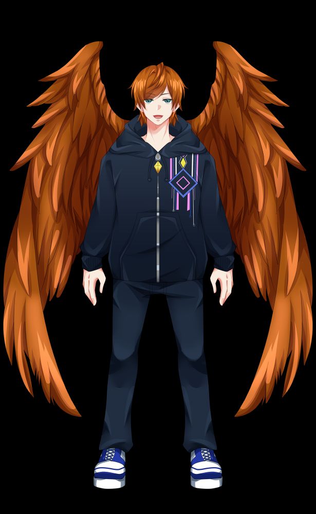 A picture of my pngtuber avatar. They're an anime boy with messy ginger hair, large and feathery ginger wings, and a dark, tech-themed hoodie.
