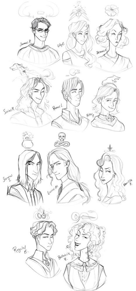 Marauder HP cast portraits including in left to right order: James Potter, Lily Evans, Petunia Evans, Sirius Black, Remus Lupin, Peter Pettigrew, Severus Snape, Lucius Malfoy, Narcissa Black, Regulus Black, and finally Bellatrix Black