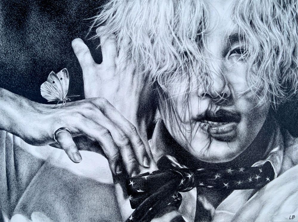 Greyscale portrait of Jeonghan from Seventeen, with one hand up next to his ear, with the other partially crossed in front. He has shaggy white hair falling over his face and creating shadows on his face. There is a white butterfly sitting on the hand in front, and he wears a white collared shirt with a dark fabric with stars on it tied around his neck