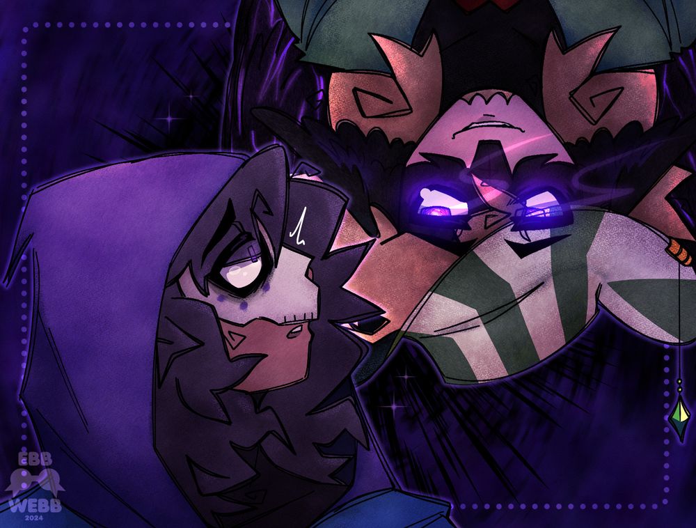 q!missa (bottom left) looking up at a possessed q!phil (top right) with a worried expression.