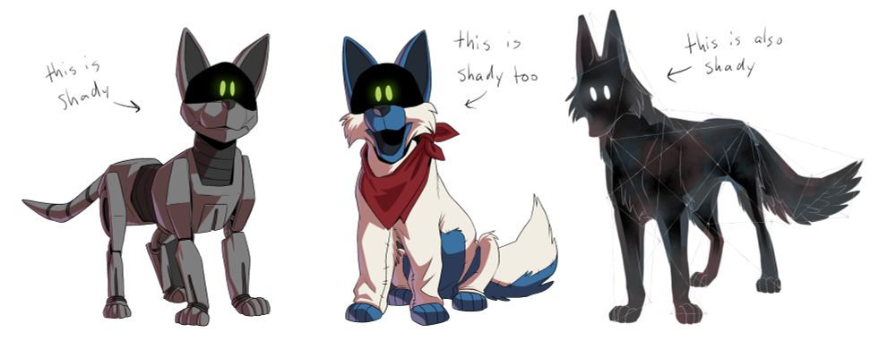 three depictions of my dog-like character shady. the first is a robot version, the second is a version with a fluffy fur coat, and the third is a shadow/ghost-like figure