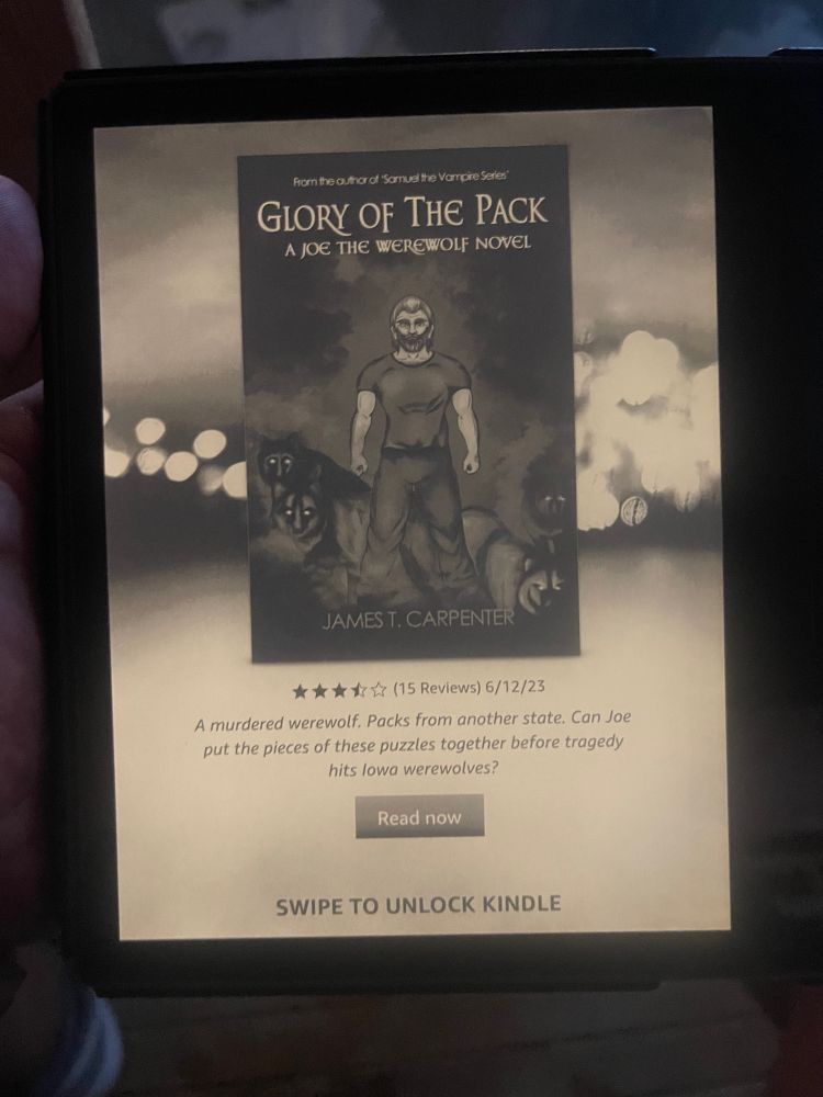 Photo of a kindle screen with an ad for a self published book called GLORY OF THE PACK: A JOE THE WEREWOLF NOVEL and a very poorly drawn cover of a man in a t-shirt standing amongst wolves. Additional text says “A murdered werewolf. Packs from another state. Can Joe put the pieces of these puzzles together before tragedy hits lowa werewolves?
Read now
SWIPE TO UNLOCK KINDLE”