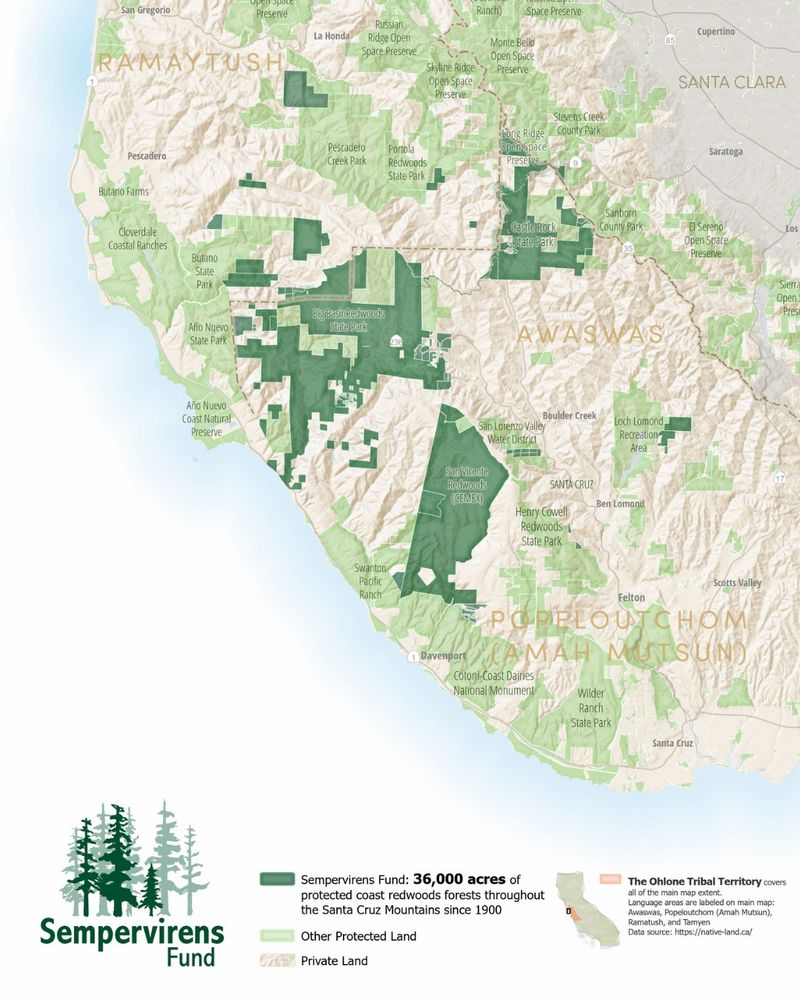 Map displaying Sempervirens Fund's conservation efforts in the Santa Cruz Mountains.