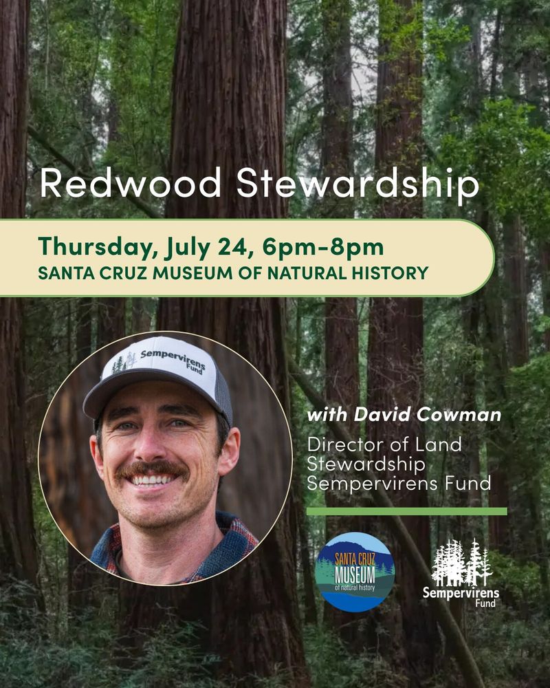 Promotion of event at Santa Cruz Museum of National History on Thursday, July 24. Photo of speaker David Cowman, director of land stewardship, Sempervirens Fund, overlay on redwood forest.