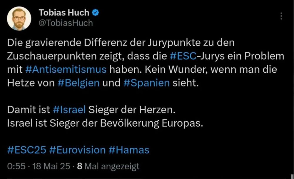 Tweet von Tobias Huch, dem Bast
„Die gravierende Different der Jurypunkte zu den Zuschauerpunkten zeigt, dass die ESC-Jurys ein Proboem mit Antisemitismus haben. Kein Wunder, wenn man die Hetze von Belgien und Spanien sieht. Damit ist Israel Sieger der Herzen. Israel ist Sieger der Bevölkerung Europas.“