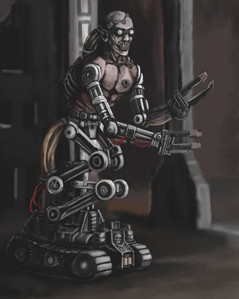 Illustration eines detaillierten humanoiden Roboters mit muskulösem Oberkörper, mechanischen Armen und einem Raupenfahrzeug als Basis.