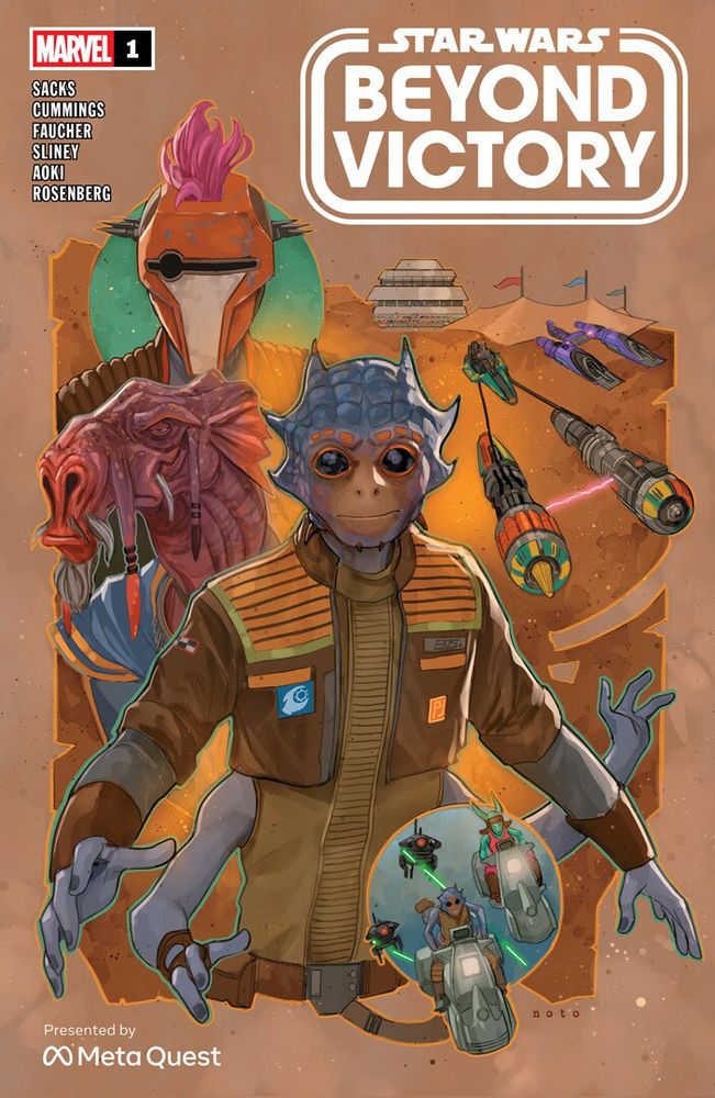 The picture is a comic cover for "Star Wars: Beyond Victory". It features several colorful alien characters, including a prominent character in a brown flight suit with orange stripes. In the background, various spacecraft and technologies related to the Star Wars universe are depicted.