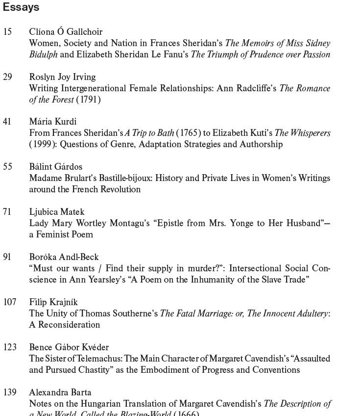 List of articles in the volume. Essays on: Frances and Elizabeth Sheridan, Radcliffe, Elizabeth Kuti, Madame Brulart, Lady Mary Wortley Montagu, Ann Yearsley, Thomas Southerne, Aphra Behn, and Margaret Cavendish.